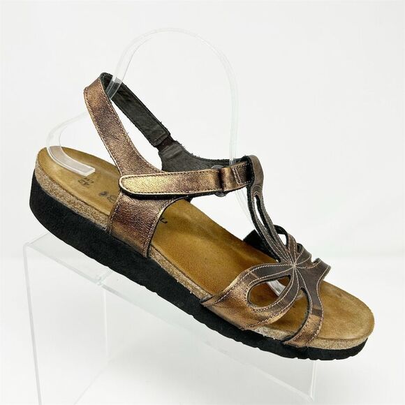 Naot Women's Gold Leather Slingback Wedge Sandal Size 11 Strappy Casual Summer - Picture 1 of 11